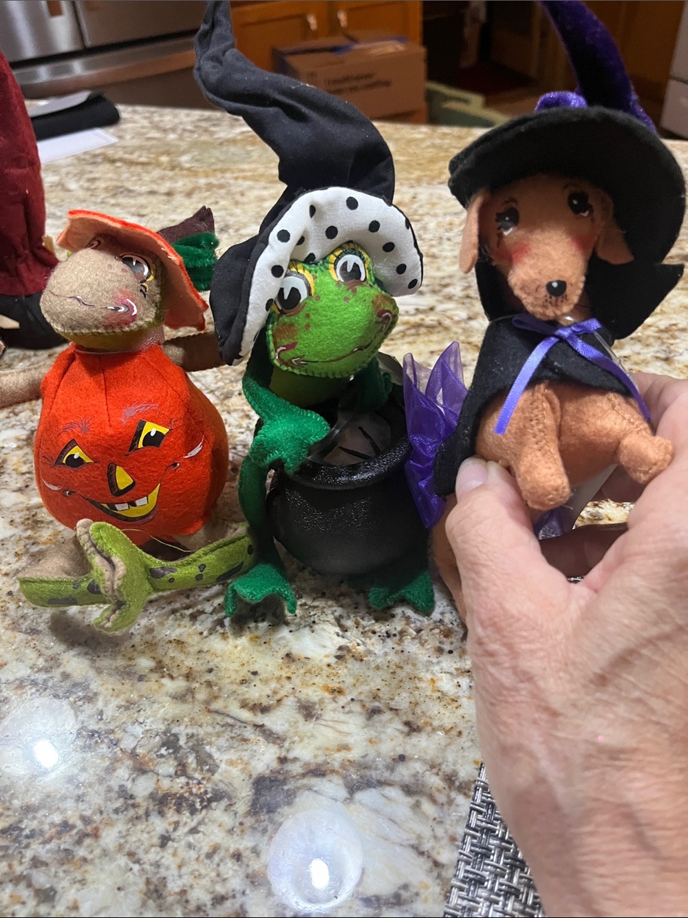 Annalee Green Frog Witch with Black Polka-Dot Hat and Cauldron